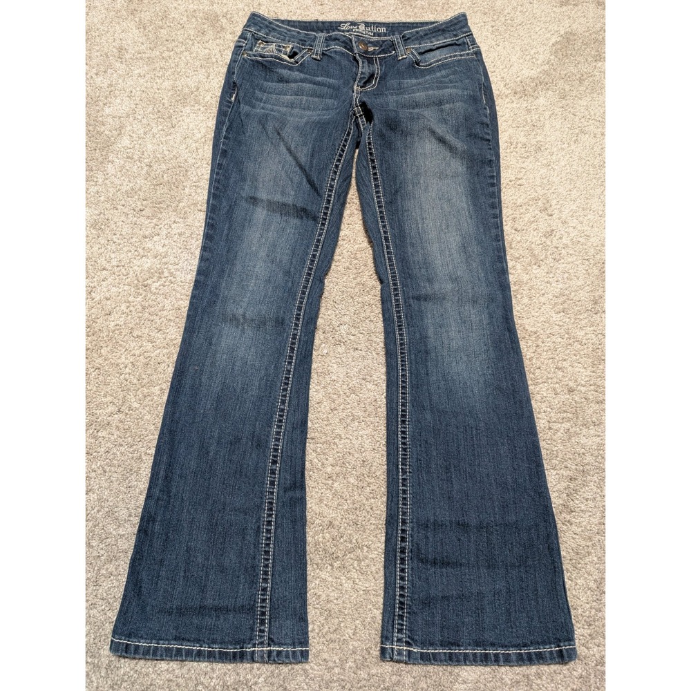 Love Nation Indigo Bootcut Jeans Embellished Fleur De Lis Pockets Women's Si 4P